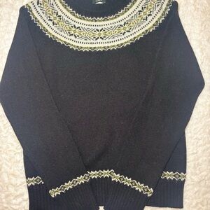 J. Crew Black Sweater with White and Green Patterns